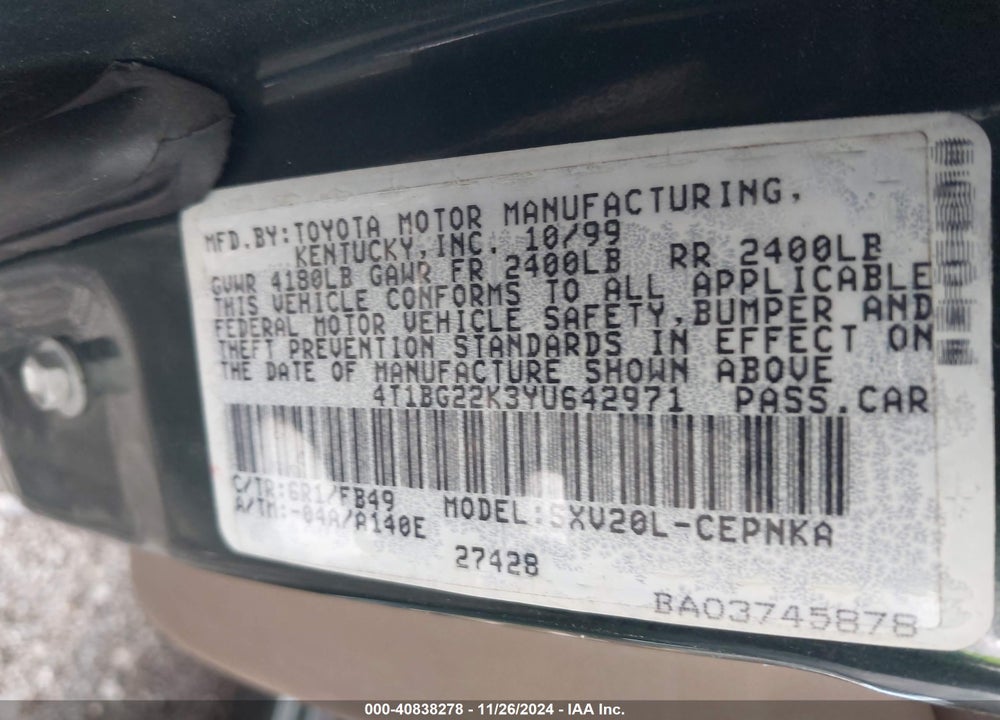 2000 TOYOTA CAMRY LE VIN: 4T1BG22K3YU642971
