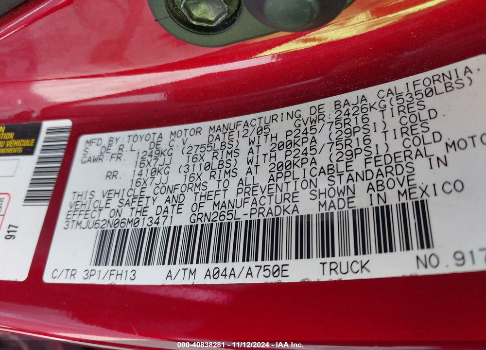 2006 TOYOTA TACOMA PRERUNNER V6 VIN: 3TMJU62N06M013471