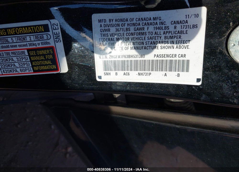 2011 HONDA CIVIC LX-S VIN: 2HGFA1F63BH531380