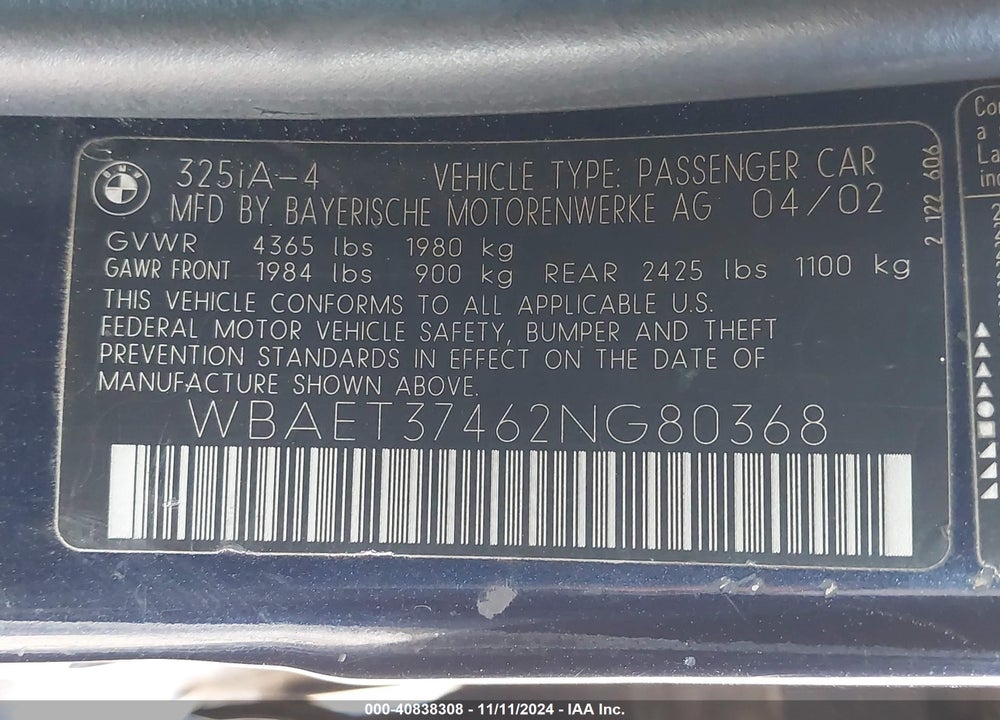 2002 BMW 325I VIN: WBAET37462NG80368