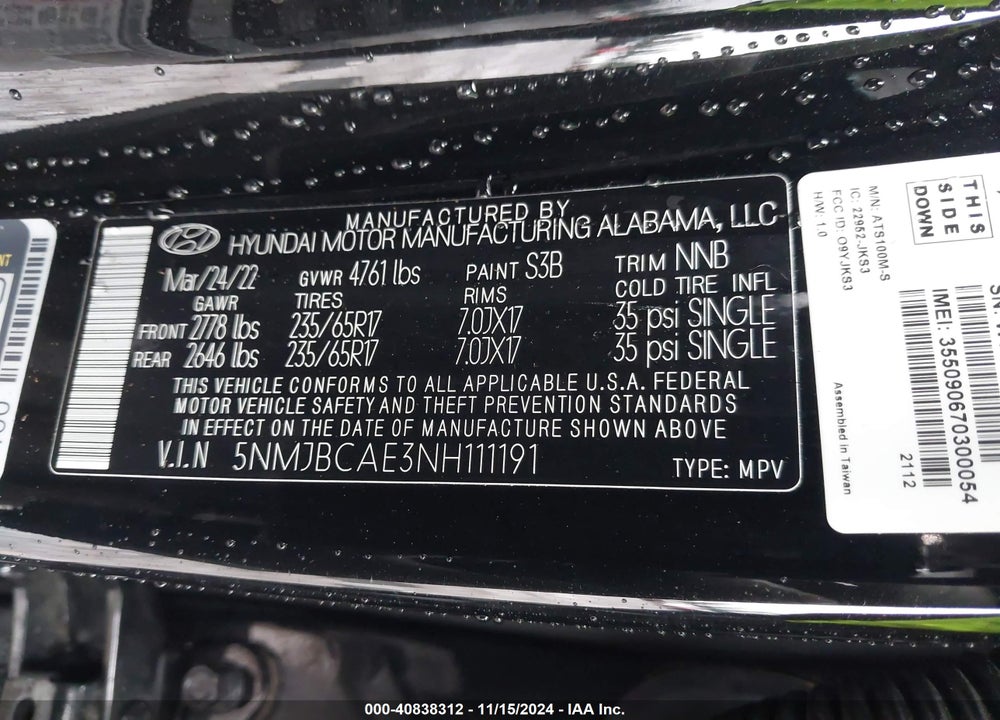 2022 HYUNDAI TUCSON SEL VIN: 5NMJBCAE3NH111191