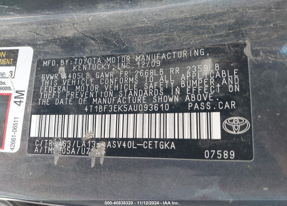 2010 TOYOTA CAMRY XLE VIN: 4T1BF3EK5AU093610