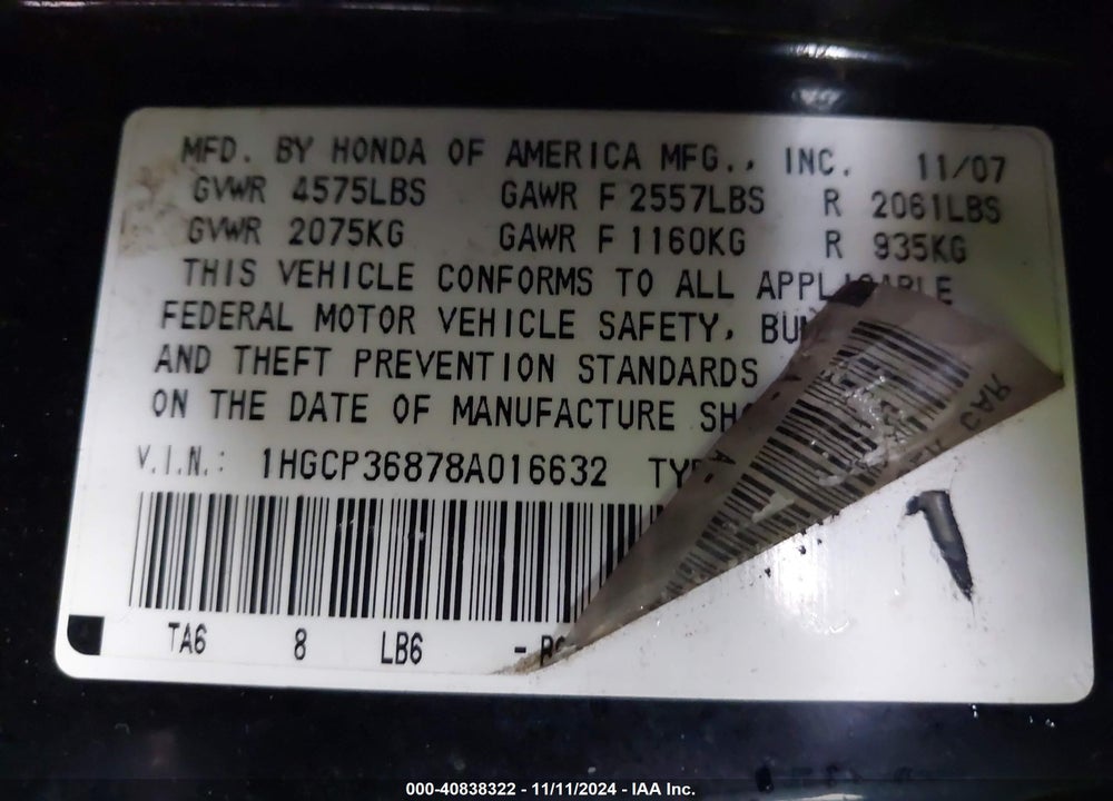 2008 HONDA ACCORD 3.5 EX-L VIN: 1HGCP36878A016632