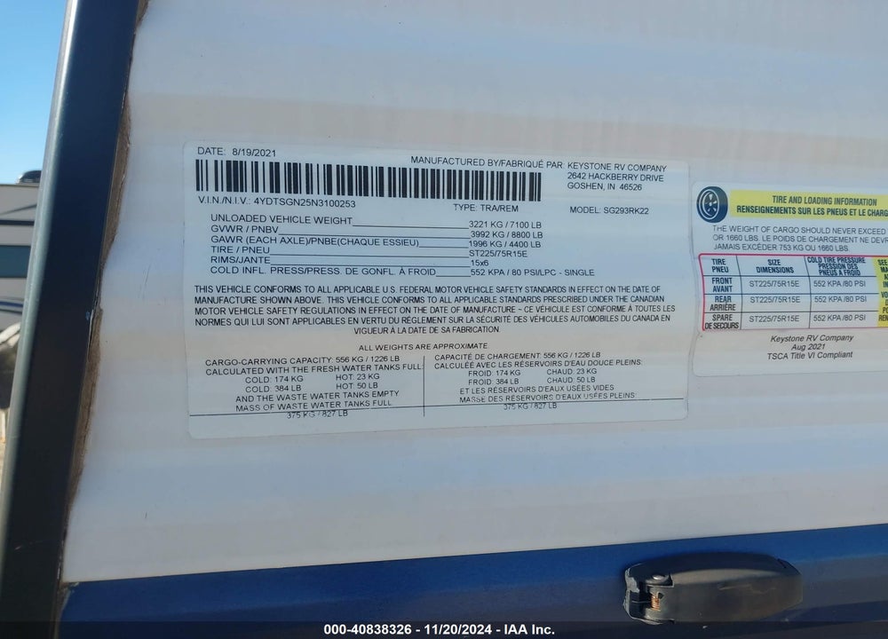 2022 KEYSTONE RV OTHER VIN: 4YDTSGN25N3100253