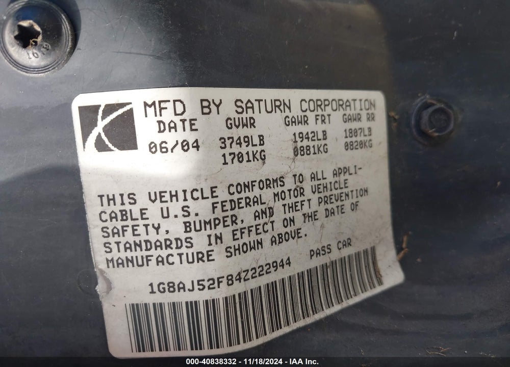 2004 SATURN ION 2 VIN: 1G8AJ52F84Z222944