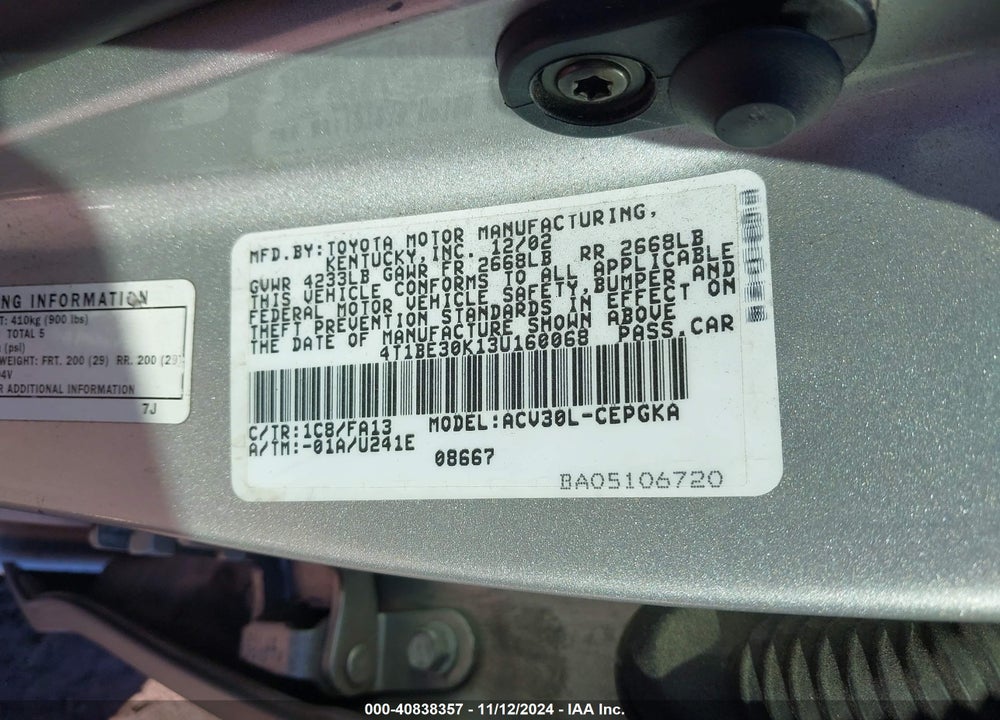 2003 TOYOTA CAMRY XLE VIN: 4T1BE30K13U160068