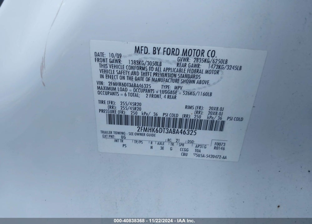 2010 FORD FLEX LIMITED VIN: 2FMHK6DT3ABA46325