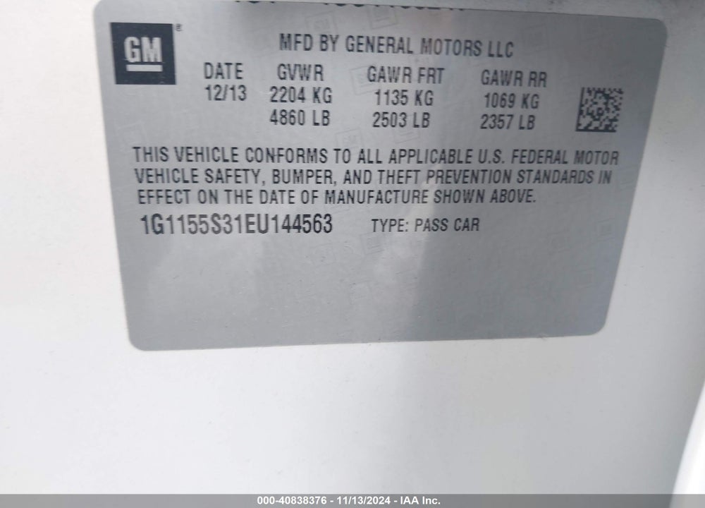2014 CHEVROLET IMPALA 2LZ VIN: 1G1155S31EU144563