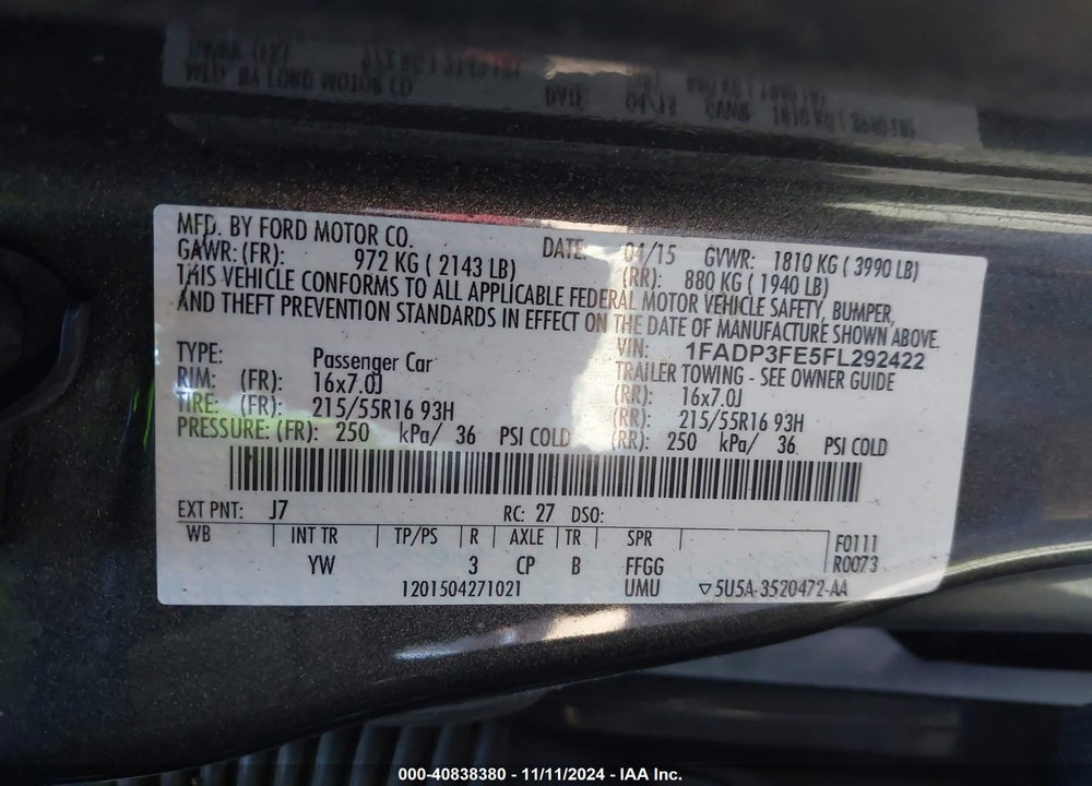 2015 FORD FOCUS SE VIN: 1FADP3FE5FL292422