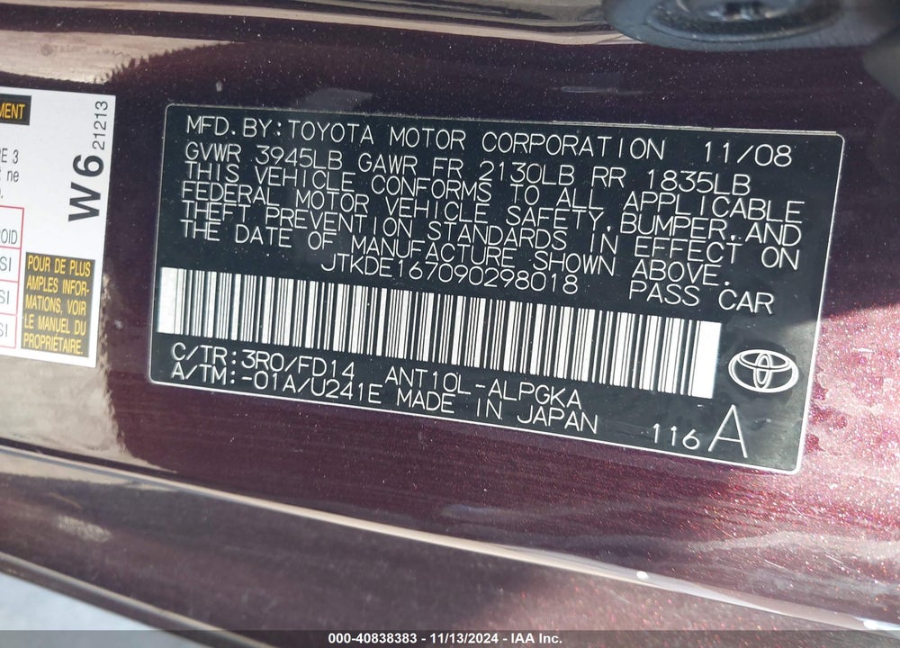 2009 SCION TC VIN: JTKDE167090298018