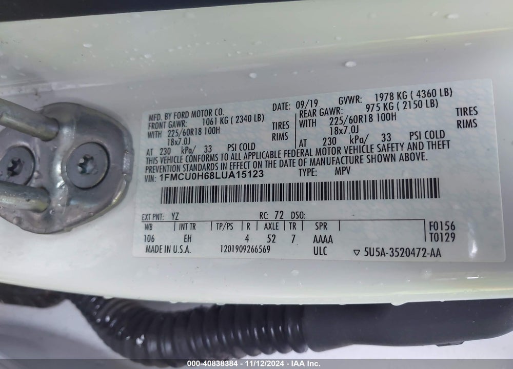 2020 FORD ESCAPE SEL VIN: 1FMCU0H68LUA15123