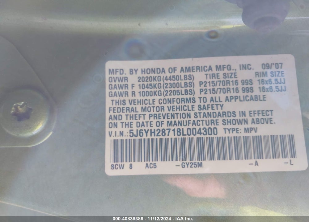 2008 HONDA ELEMENT EX VIN: 5J6YH28718L004300