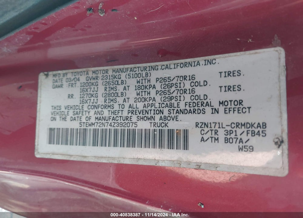 2004 TOYOTA TACOMA VIN: 5TEWM72N74Z392075
