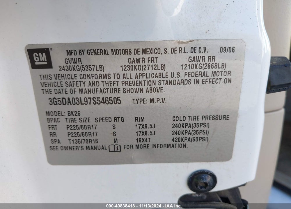 2007 BUICK RENDEZVOUS CXL VIN: 3G5DA03L97S546505
