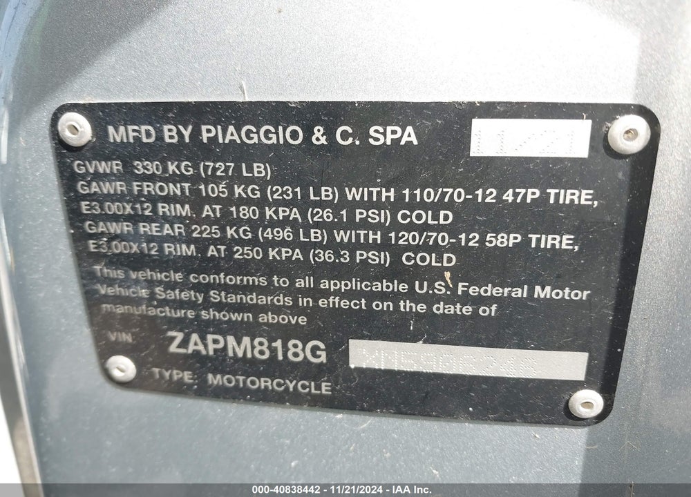 2022 VESPA PRIMAVERA/SPRINT 150 VIN: ZAPM818GXN5906246