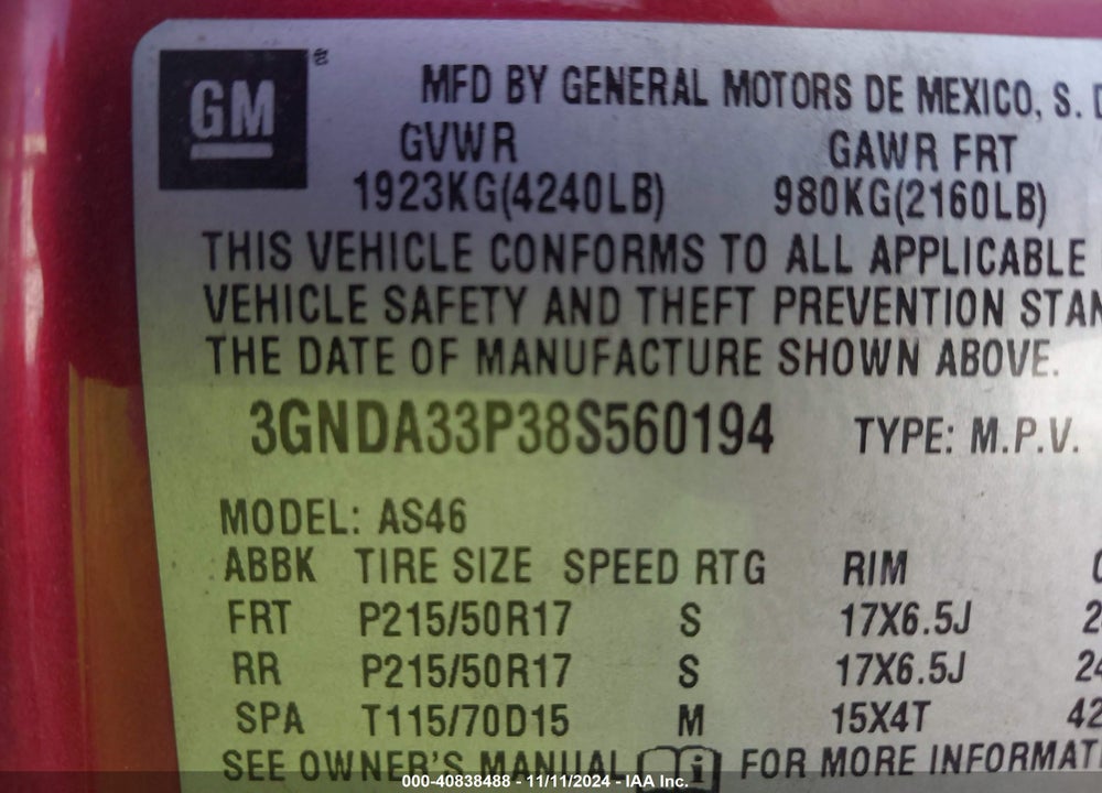 2008 CHEVROLET HHR LT VIN: 3GNDA33P38S560194