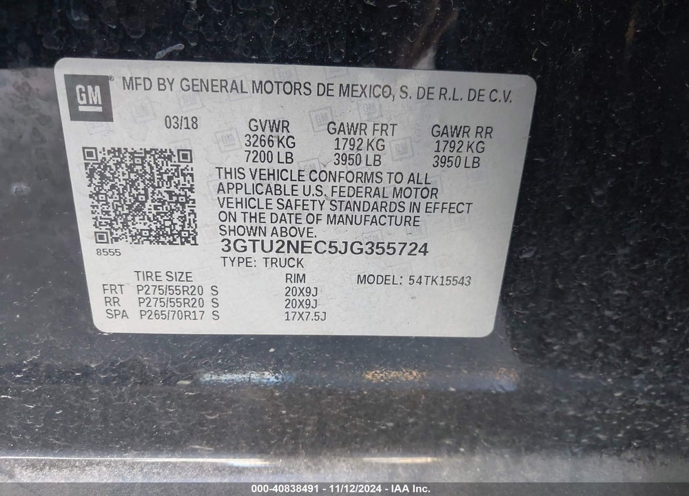 2018 GMC SIERRA 1500 SLT VIN: 3GTU2NEC5JG355724