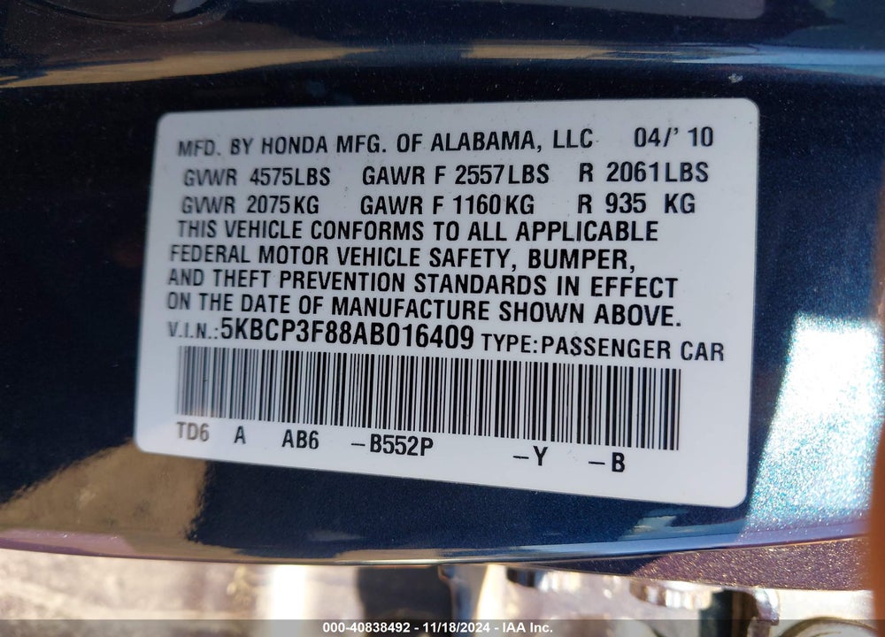 2010 HONDA ACCORD 3.5 EX-L VIN: 5KBCP3F88AB016409
