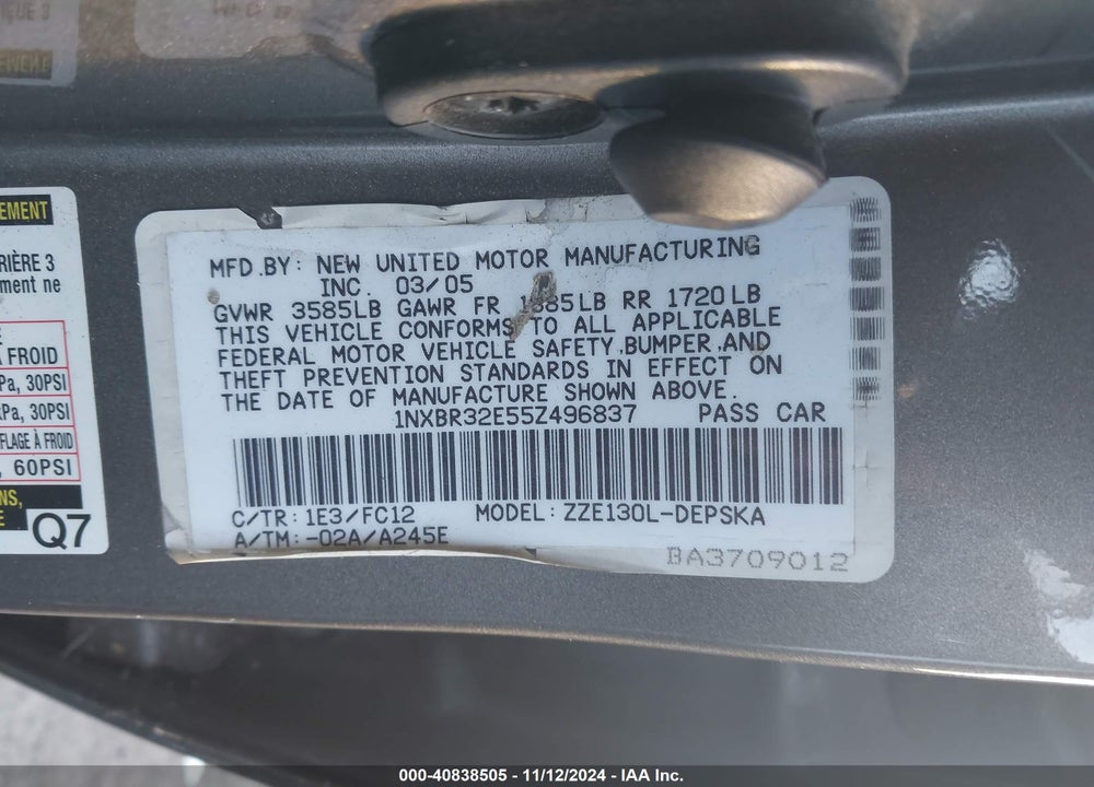 2005 TOYOTA COROLLA S VIN: 1NXBR32E55Z496837