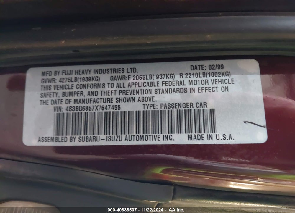 1999 SUBARU LEGACY 30TH ANN. OUTBACK LTD./OUTBACK VIN: 4S3BG6857X7647455