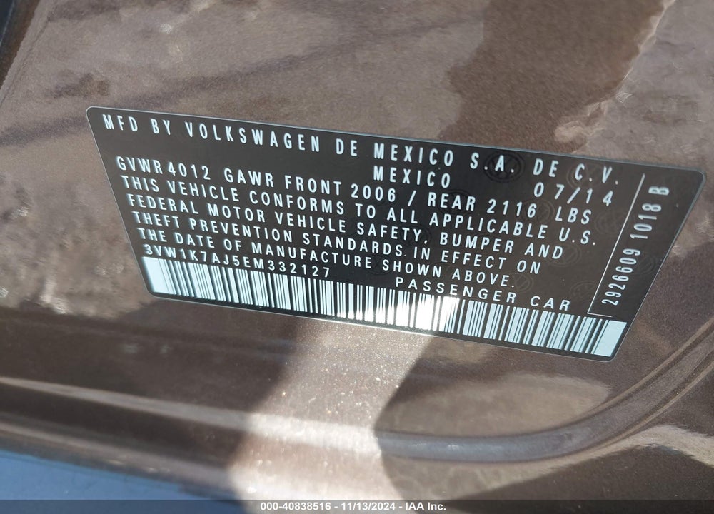 2014 VOLKSWAGEN JETTA 2.0L S VIN: 3VW1K7AJ5EM332127
