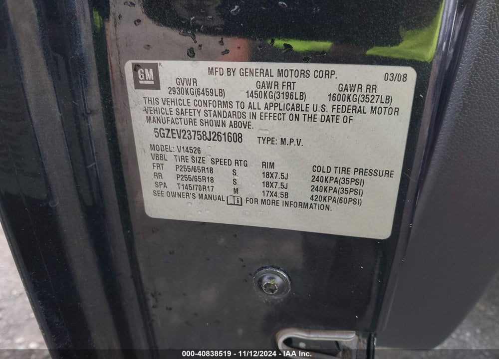 2008 SATURN OUTLOOK XR VIN: 5GZEV23758J261608