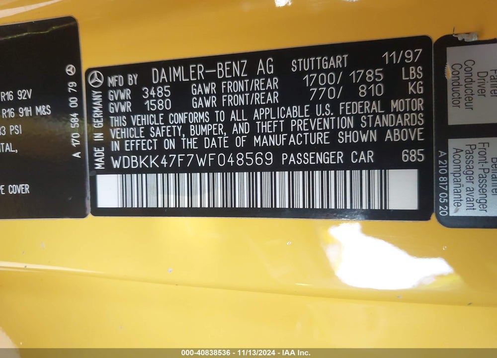 1998 MERCEDES-BENZ SLK 230 VIN: WDBKK47F7WF048569