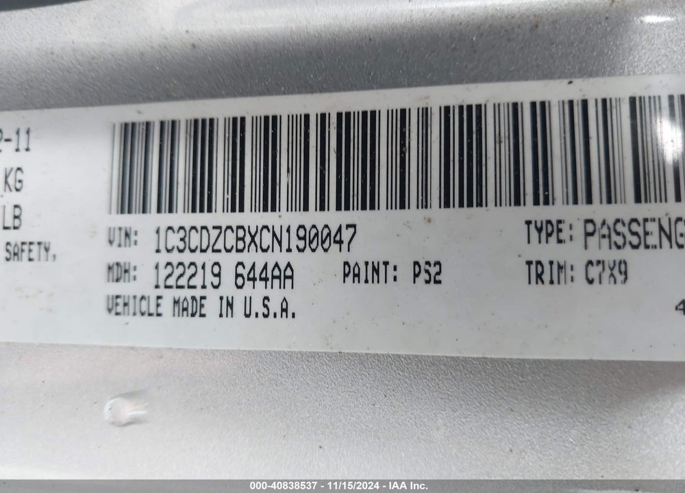 2012 DODGE AVENGER SXT VIN: 1C3CDZCBXCN190047