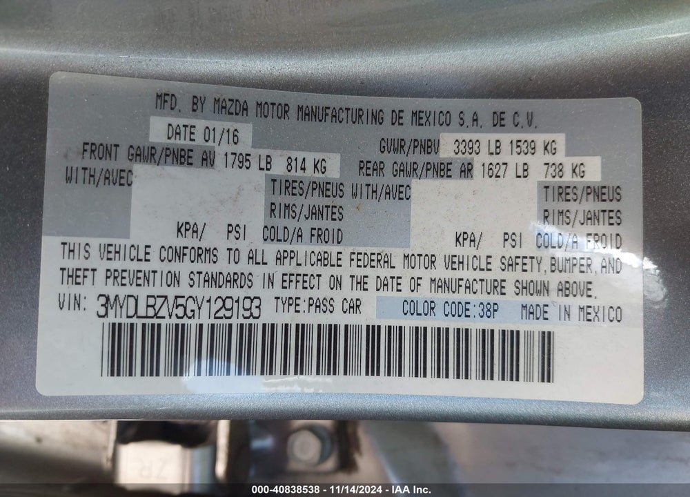2016 TOYOTA SCION IA VIN: 3MYDLBZV5GY129193