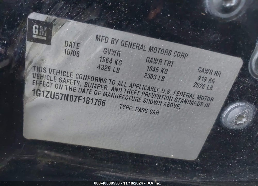 2007 CHEVROLET MALIBU VIN: 1G1ZU57N07F181756