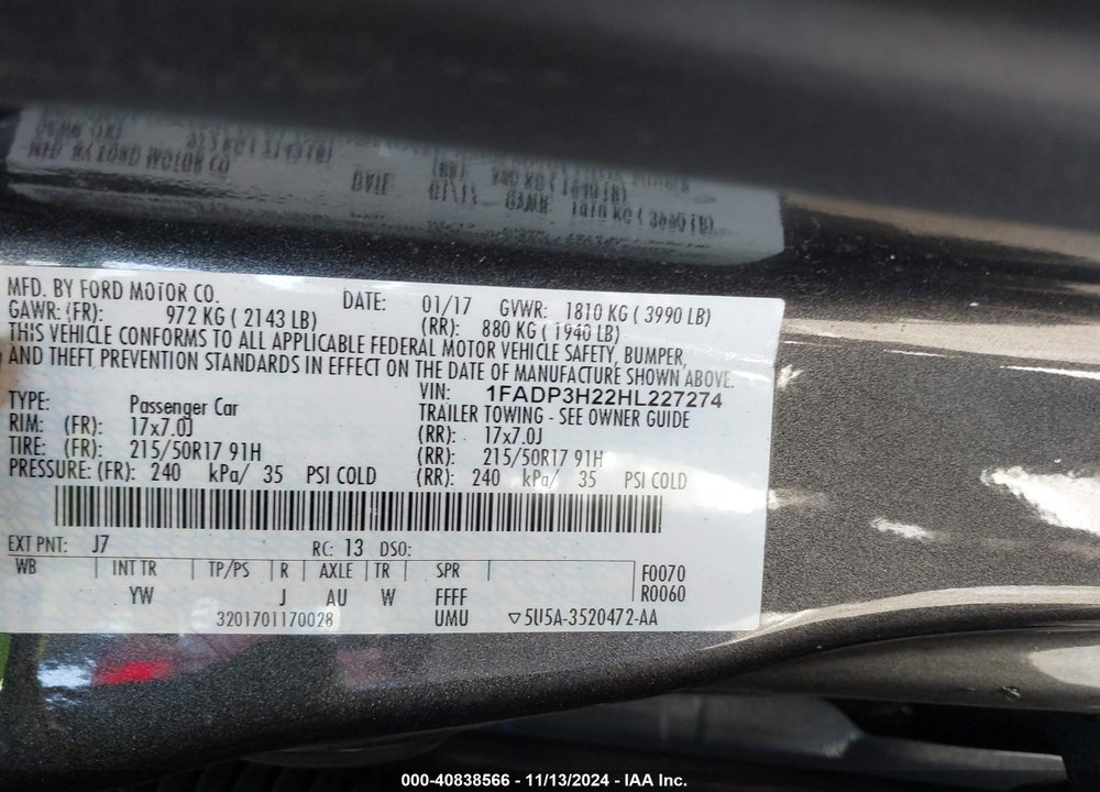 2017 FORD FOCUS VIN: 1FADP3H22HL227274