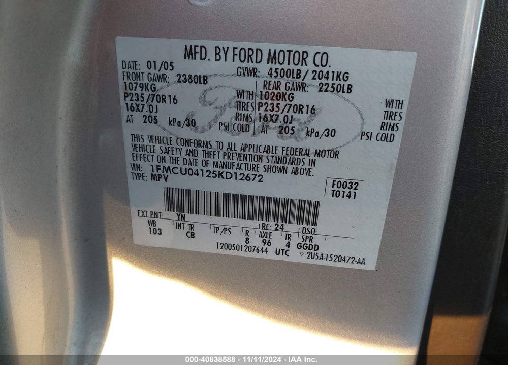 2005 FORD ESCAPE LIMITED VIN: 1FMCU04125KD12672