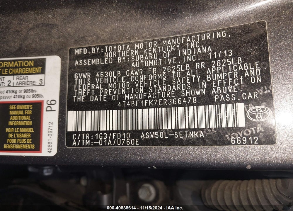 2014 TOYOTA CAMRY LE VIN: 4T4BF1FK7ER366478
