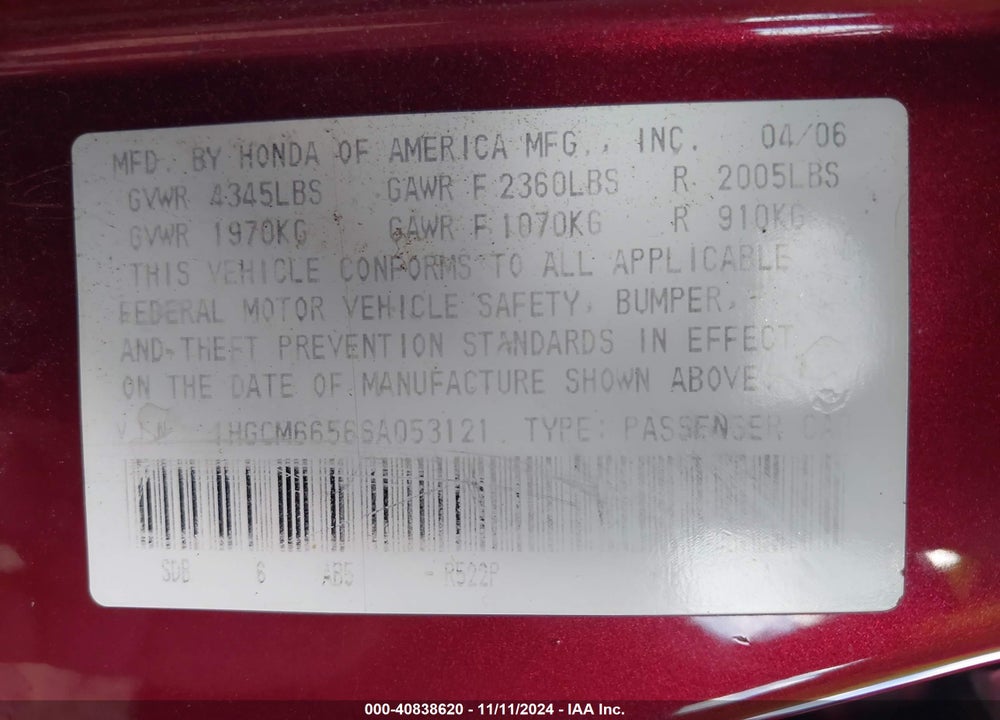 2006 HONDA ACCORD 3.0 EX VIN: 1HGCM66566A053121