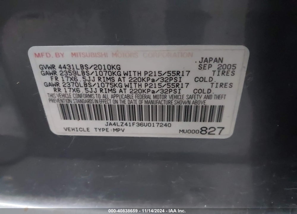 2006 MITSUBISHI OUTLANDER SE VIN: JA4LZ41F36U017240