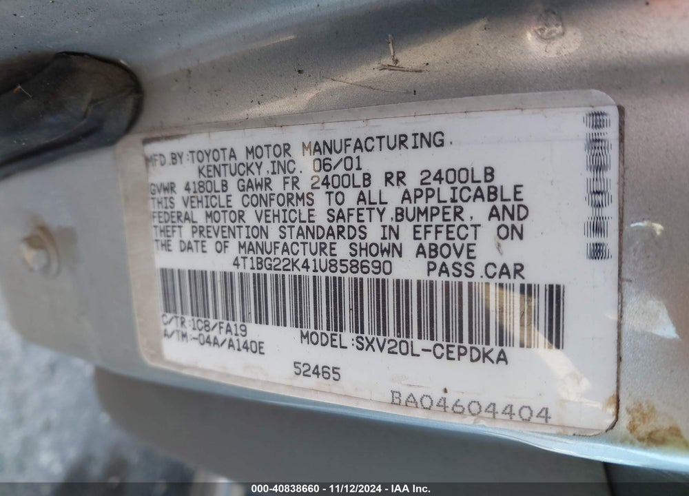 2001 TOYOTA CAMRY CE VIN: 4T1BG22K41U858690