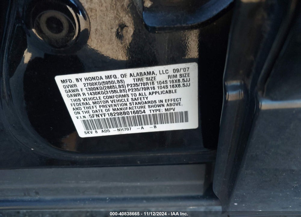 2008 HONDA PILOT VP VIN: 5FNYF18298B016854
