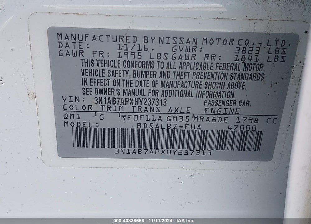 2017 NISSAN SENTRA S VIN: 3N1AB7APXHY237313