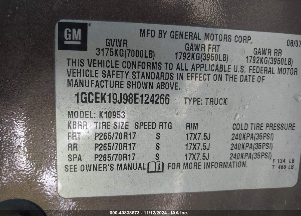 2008 CHEVROLET SILVERADO 1500 LT1 VIN: 1GCEK19J98E124266