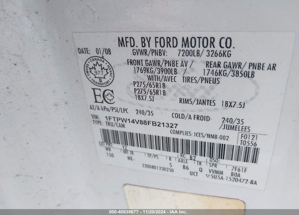 2008 FORD F-150 60TH ANNIVERSARY/FX4/KING RANCH/LARIAT/XLT VIN: 1FTPW14V88FB21327