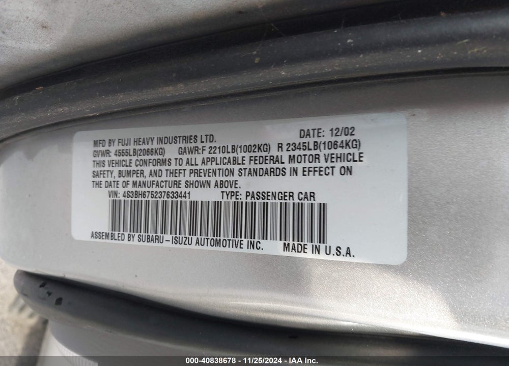 2003 SUBARU OUTBACK VIN: 4S3BH675237633441