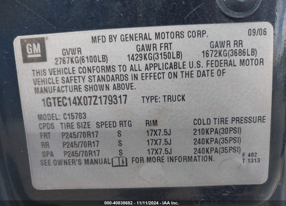 2007 GMC SIERRA 1500 CLASSIC WORK VIN: 1GTEC14X07Z179317