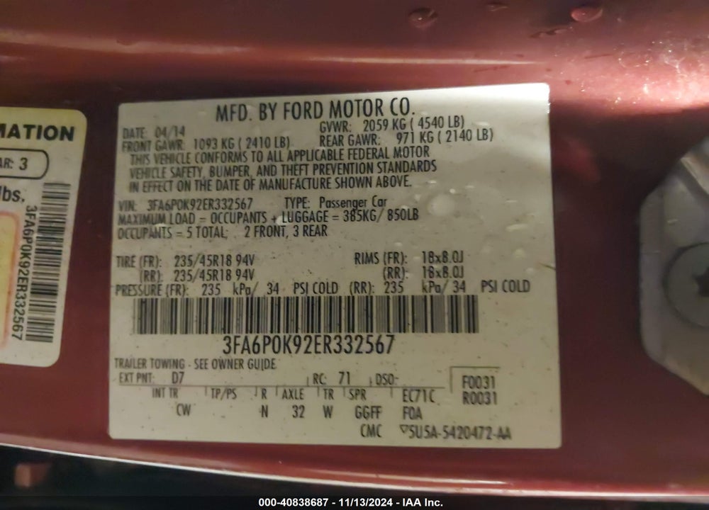2014 FORD FUSION VIN: 3FA6P0K92ER332567