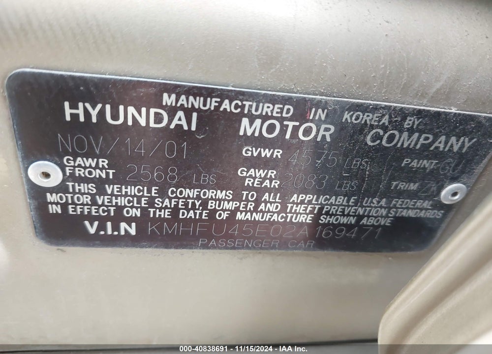 2002 HYUNDAI XG350 L VIN: KMHFU45E02A169471