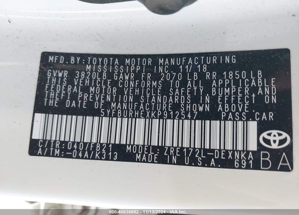 2019 TOYOTA COROLLA LE VIN: 5YFBURHEXKP912547