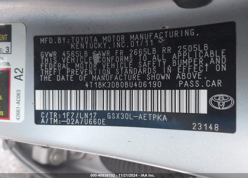 2011 TOYOTA AVALON LIMITED VIN: 4T1BK3DB0BU406190