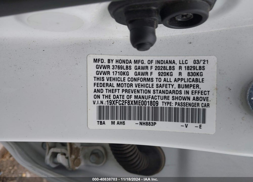 2021 HONDA CIVIC SPORT VIN: 19XFC2F8XME001809