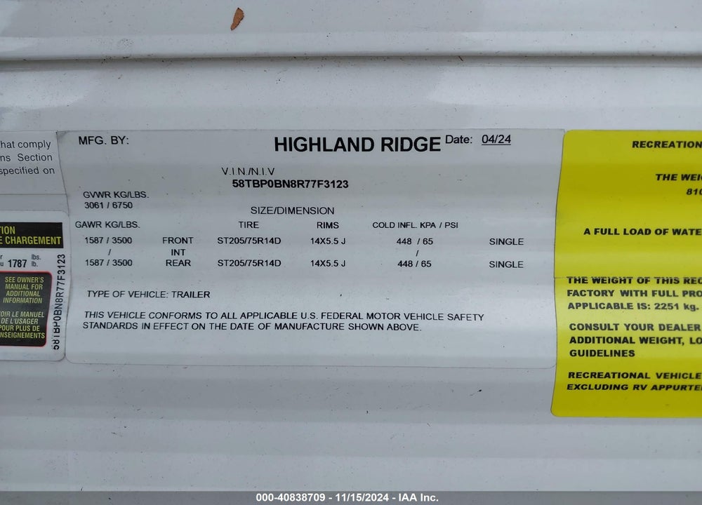 2024 5TH WHEEL OTHER VIN: 58TBP0BN8R77F3123
