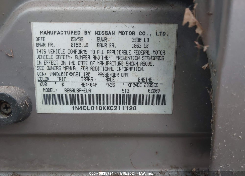 1999 NISSAN ALTIMA GLE/GXE/SE/SE-L/XE VIN: 1N4DL01DXXC211120
