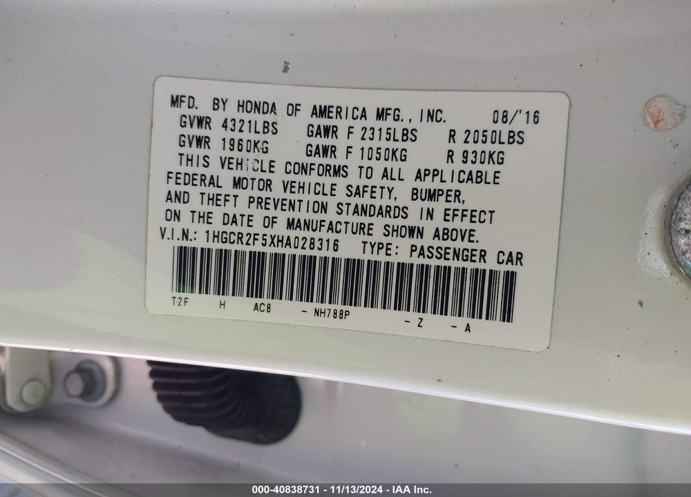 2017 HONDA ACCORD SPORT VIN: 1HGCR2F5XHA028316